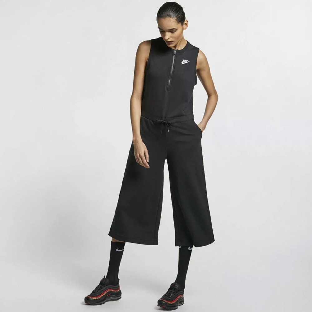 Nike Sportswear Club French Terry Romper Jumpsuit Crop Gaucho Wide Leg Black